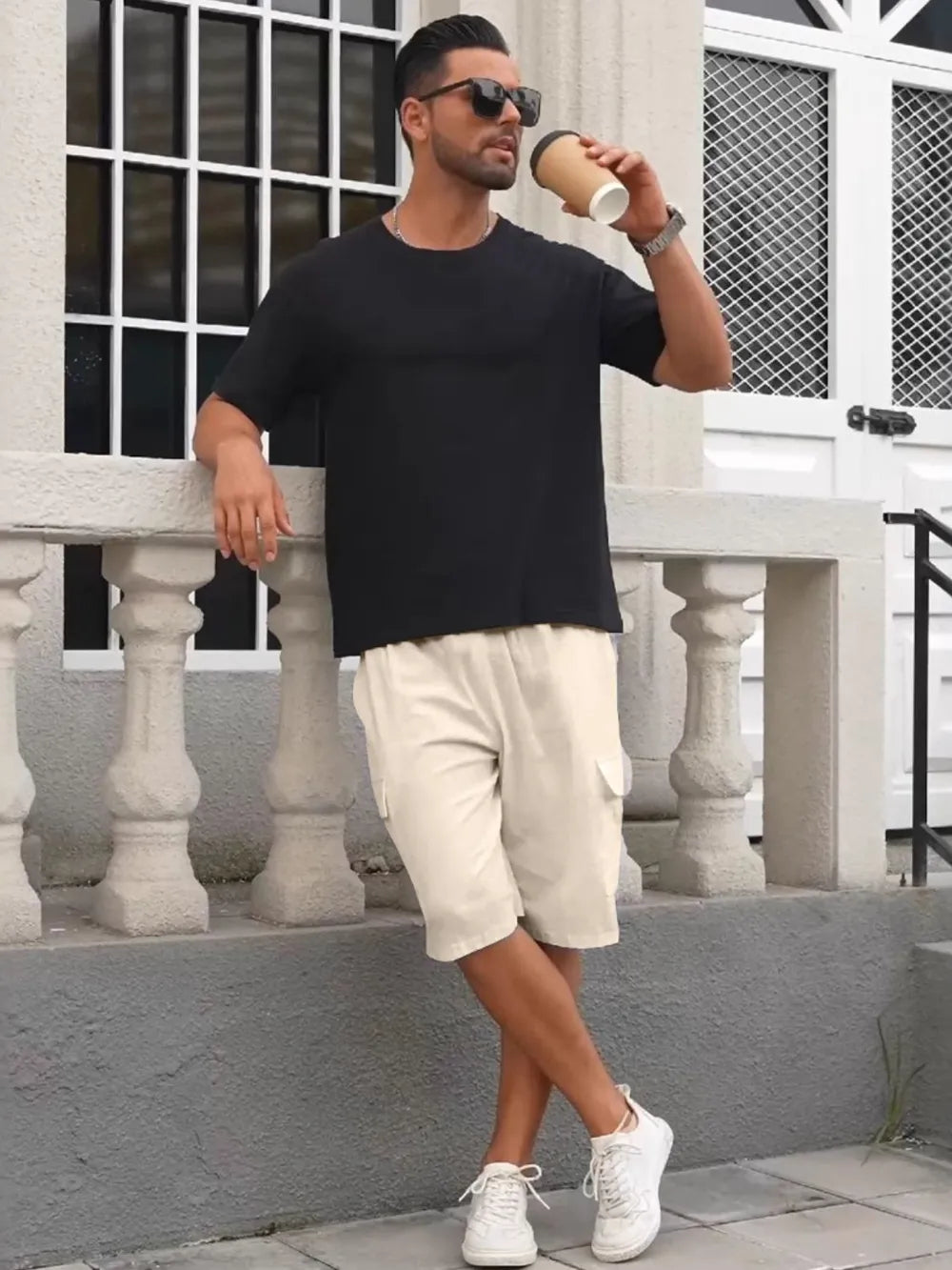 Men's khaki drawstring cargo shorts with elastic waistband and side cargo pocket