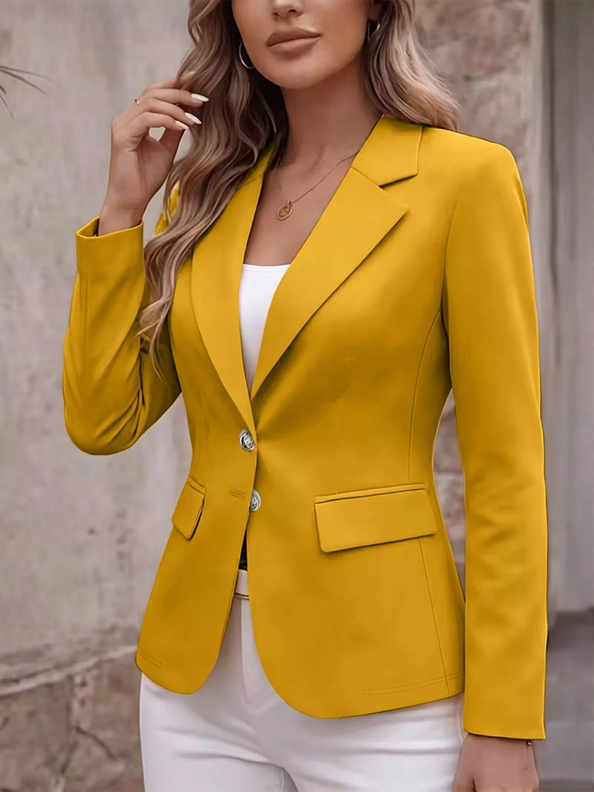 Bright yellow lapel blazer jacket with button closure and front patch pockets