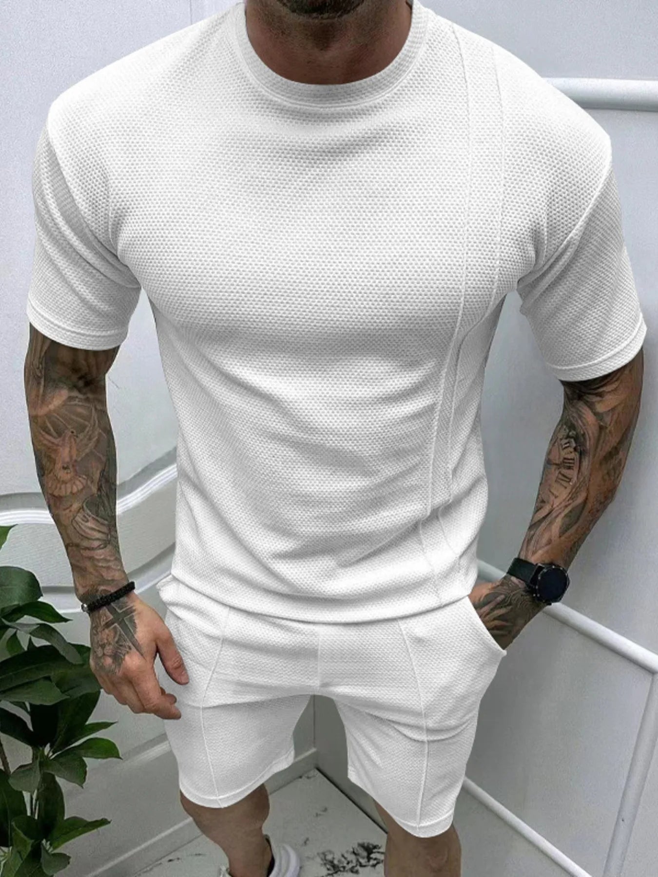 White men's round-neck tee and elastic-waist shorts set