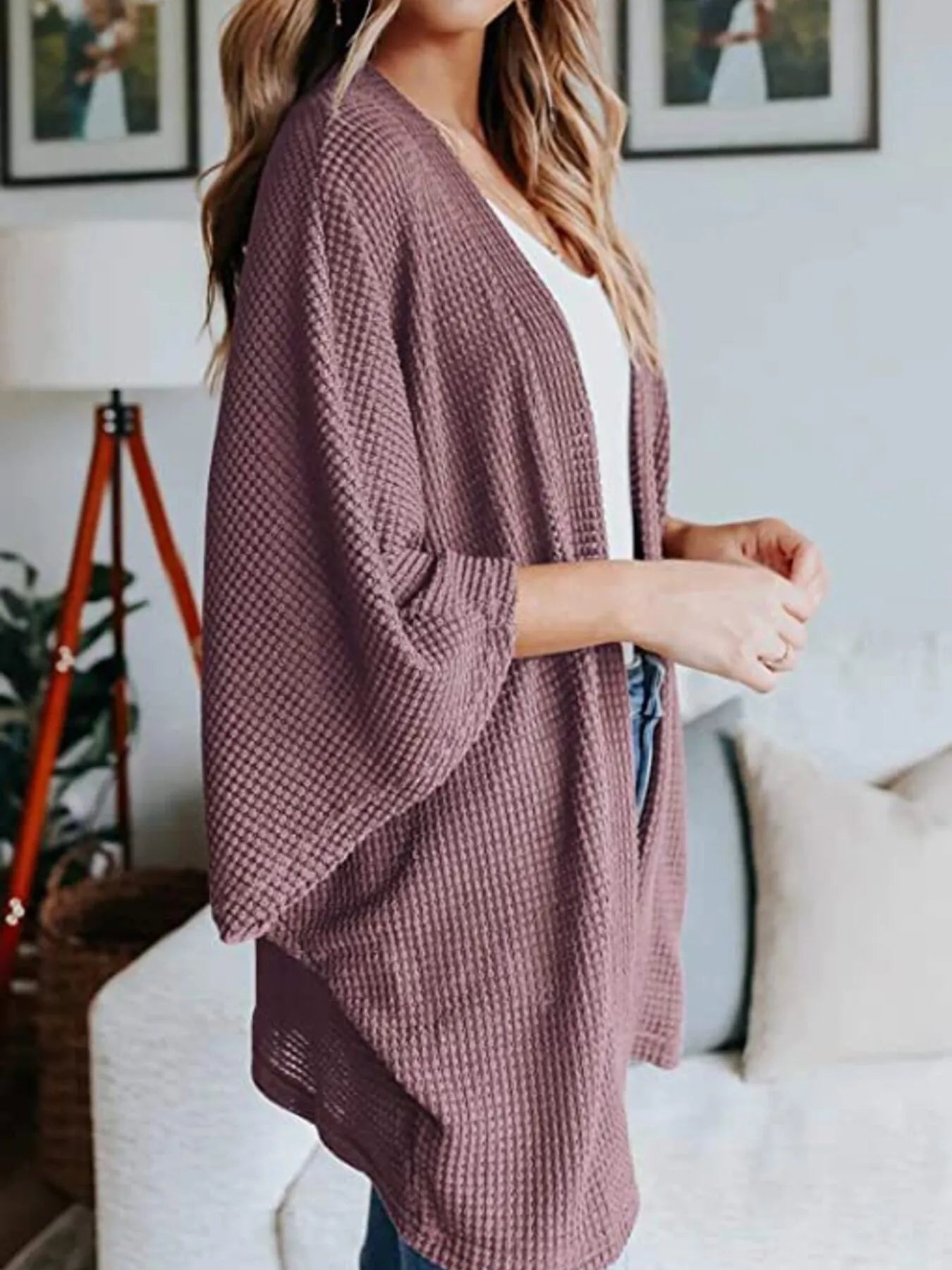 Waffle knit open-front cardigan with relaxed batwing sleeves, mauve-pink front view