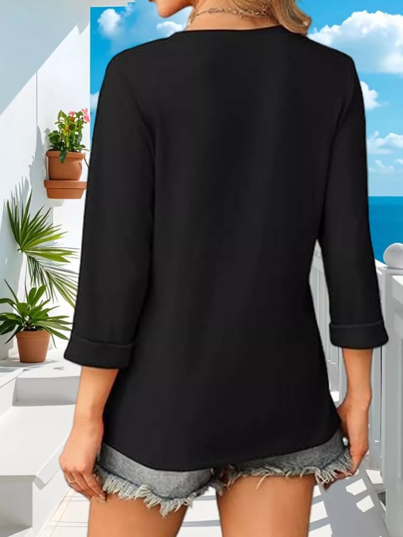 Cedar & Moore V-Neck 3/4 Sleeve T-Shirt, black, basic style