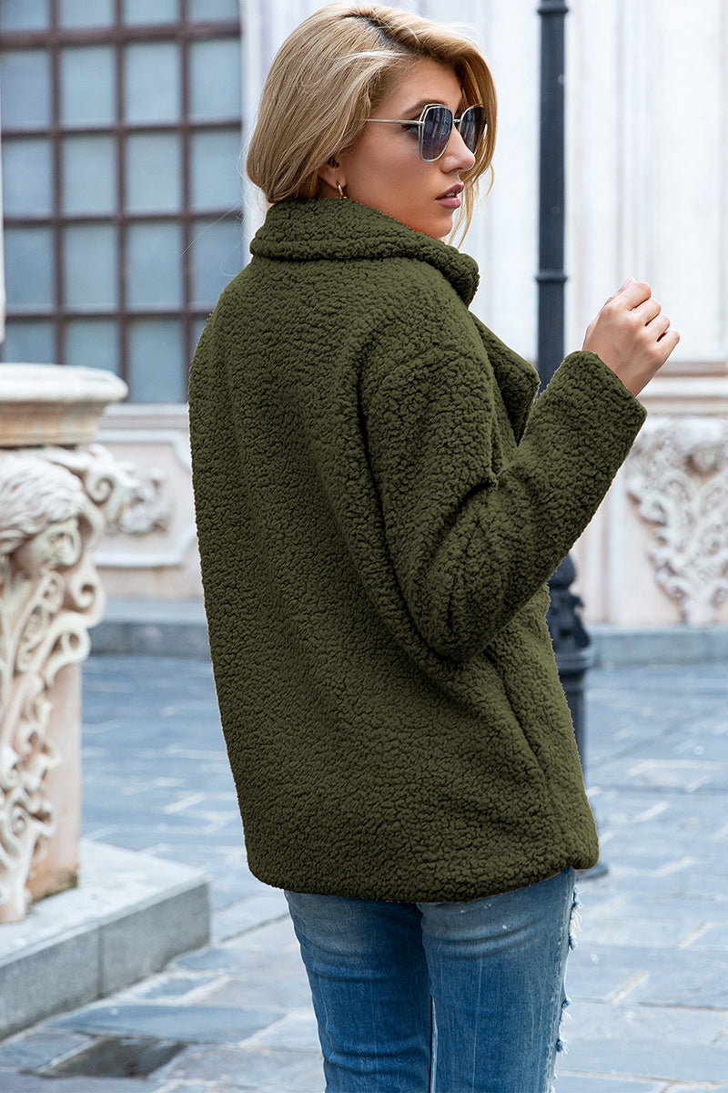 Sherpa lapel collar coat in olive green, open back view, long sleeves