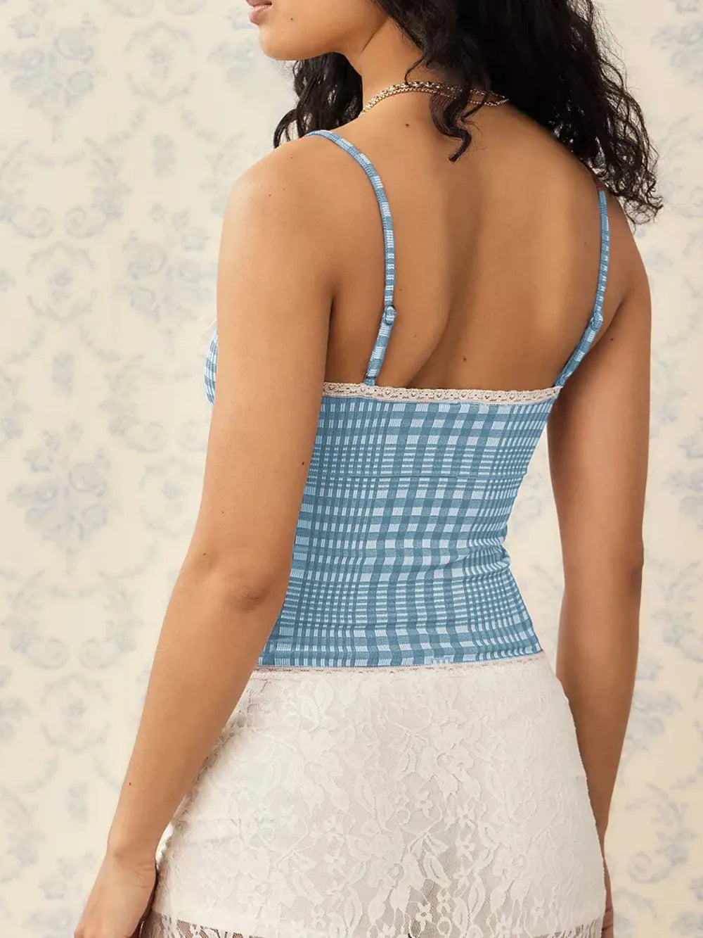 Back view of lace-trim plaid cami with spaghetti straps, light blue gingham