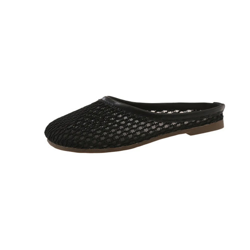 Breathable mesh slip-on shoes, black textured upper with low flat sole