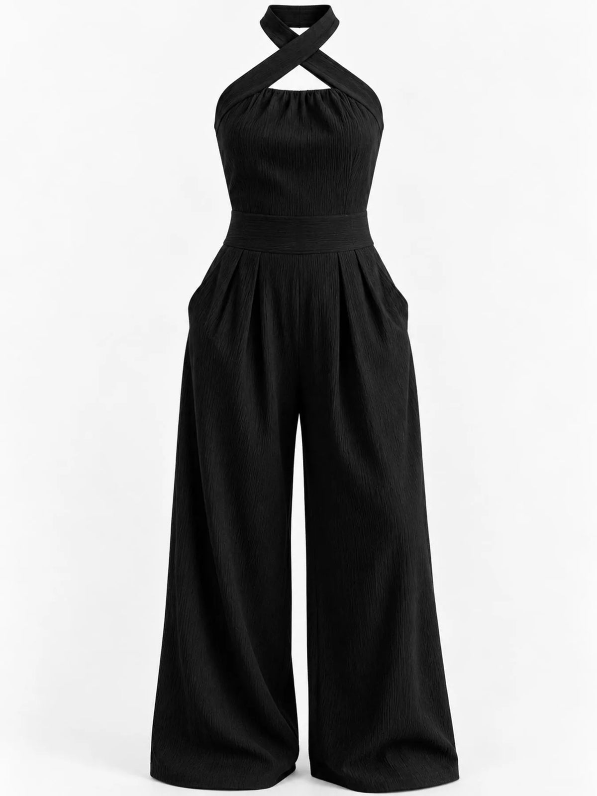 Black halter linen jumpsuit with wide legs and crisscross tie neck