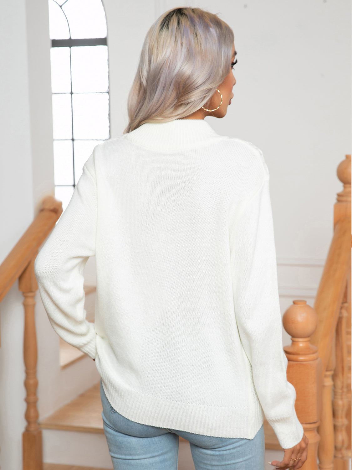 White mock neck openwork sweater, back view, long sleeves