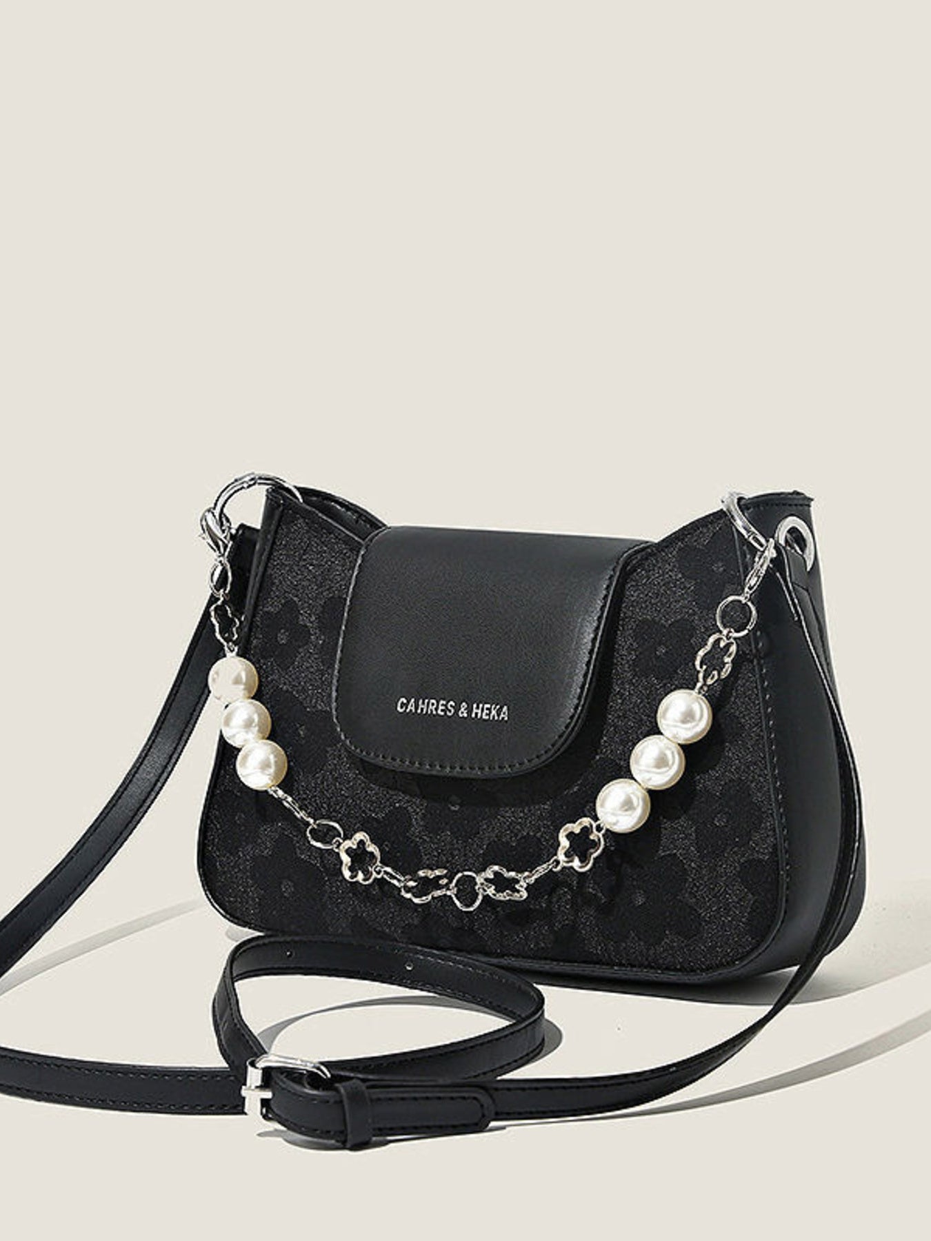 Pearl chain decor shoulder bag, black PU leather with silver chain, CAHRES & HEKA