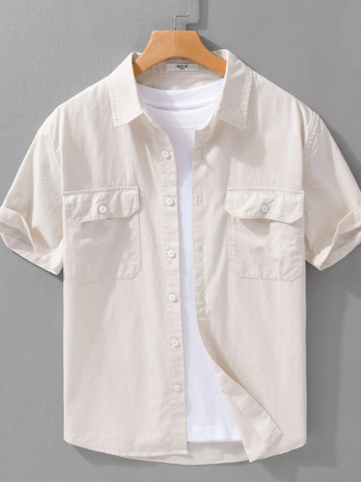 Men's short-sleeve cotton button-up shirt, white, chest pockets and button front