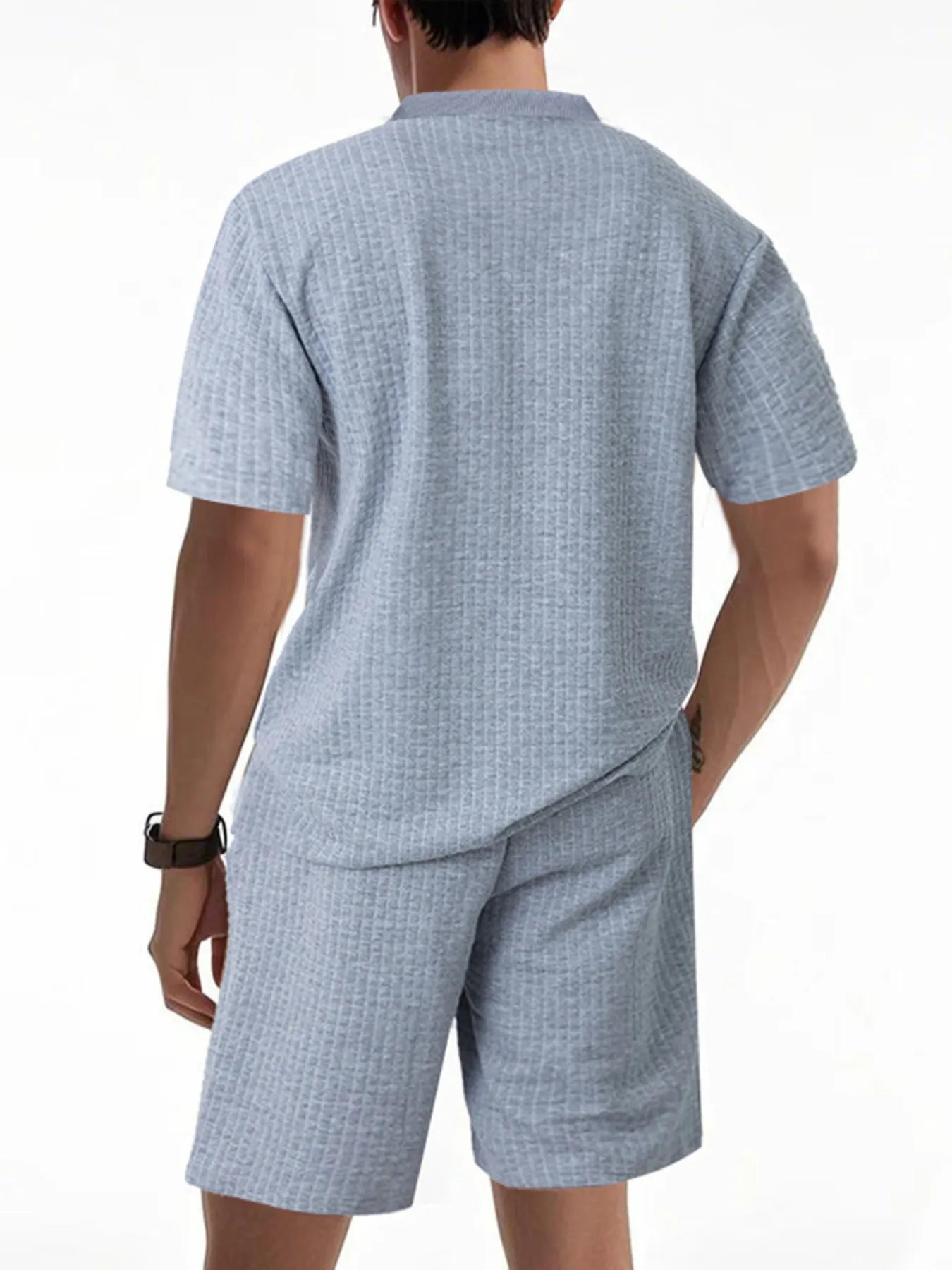 Textured light blue men's round-neck top and matching shorts set, back view