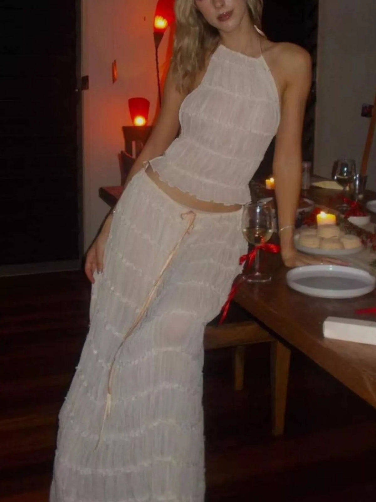 Milky white ruffled halter crop top and tiered maxi skirt set, front