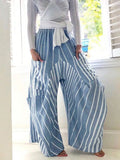 Light blue striped wide-leg pants with elastic waist, full-length