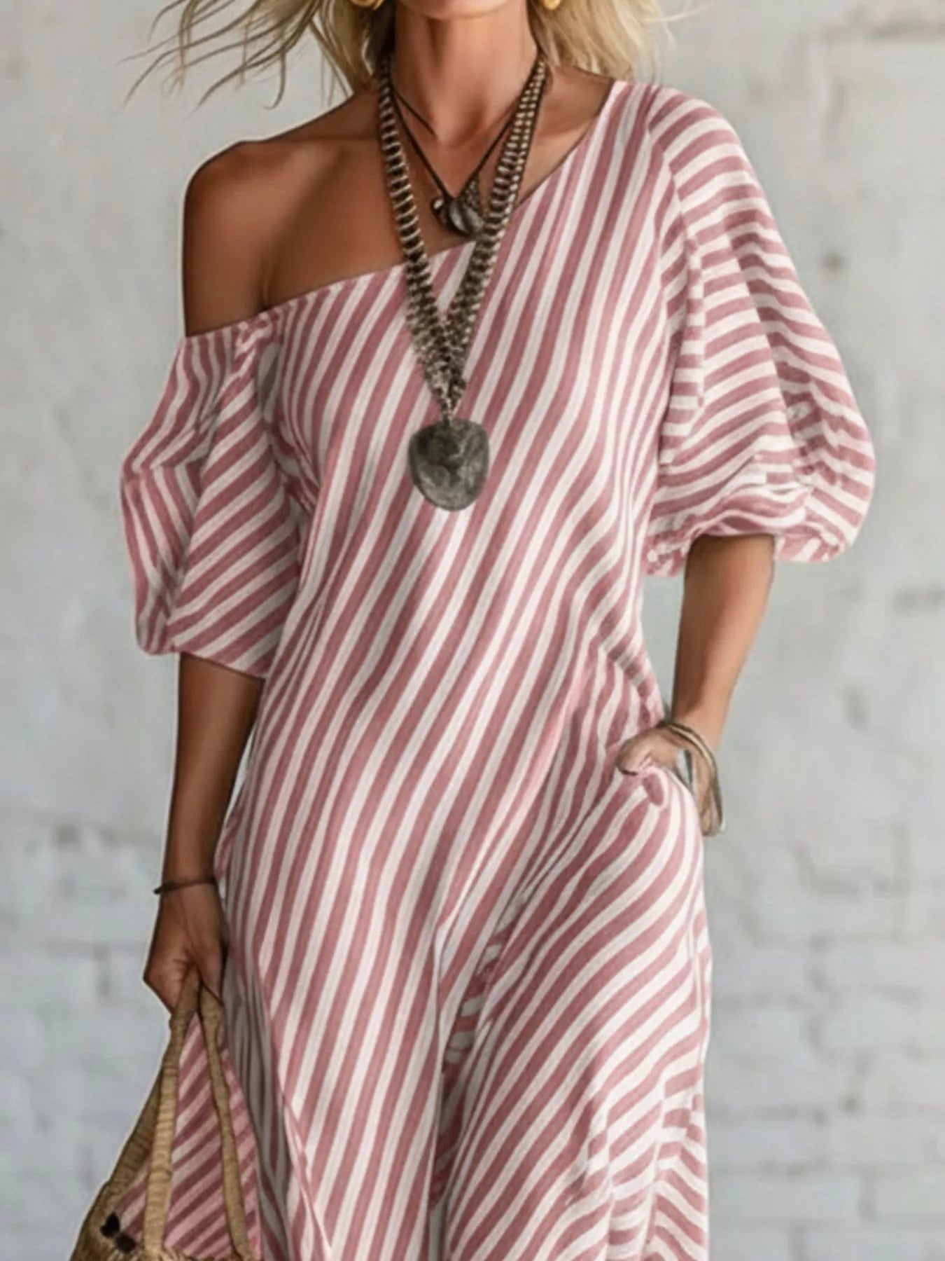 Cedar & Moore Full Size striped one-shoulder casual maxi dress, pink and white, plus size