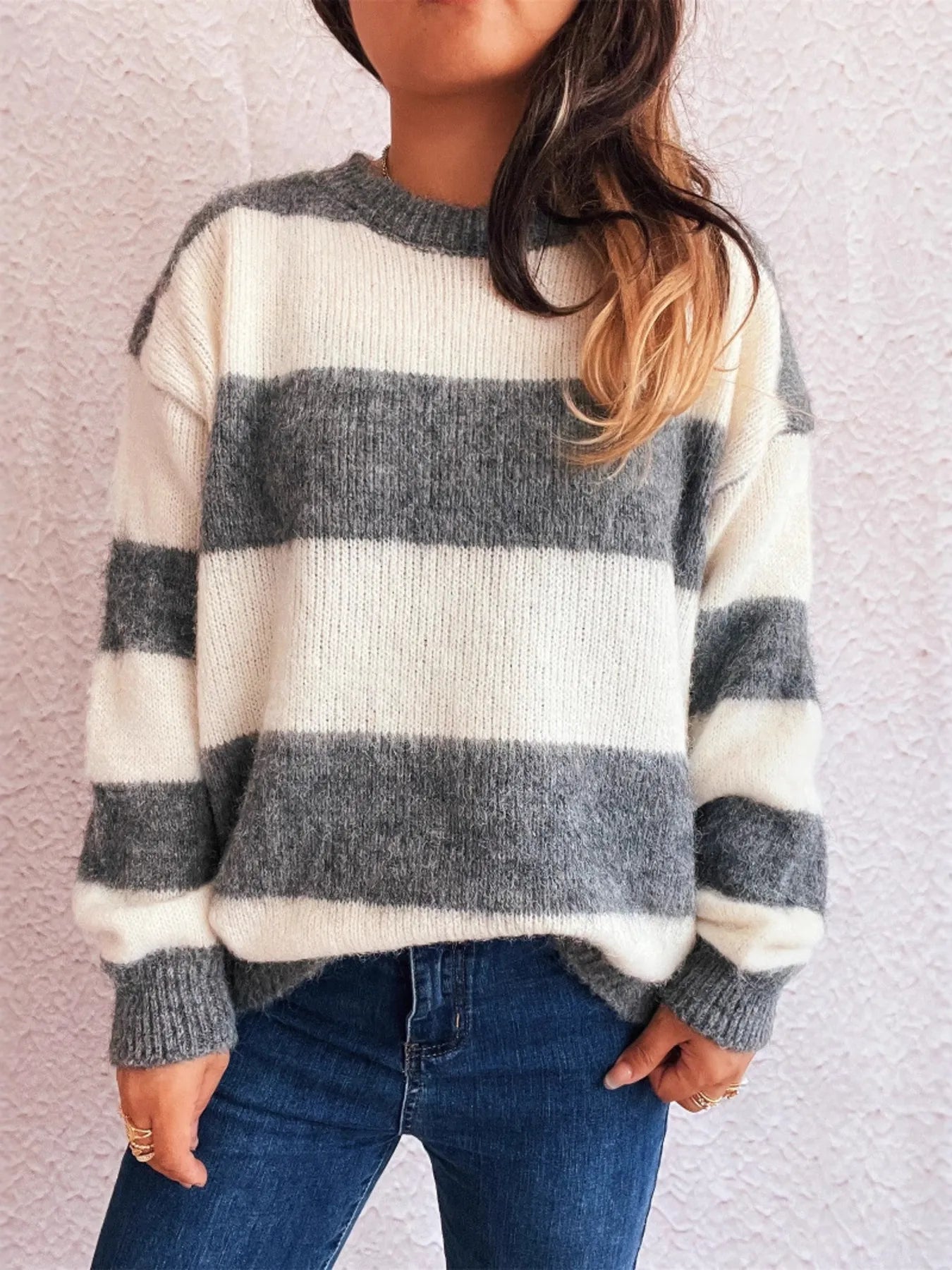 Striped long sleeve sweater in white and dark gray, ribbed crew and cuffs