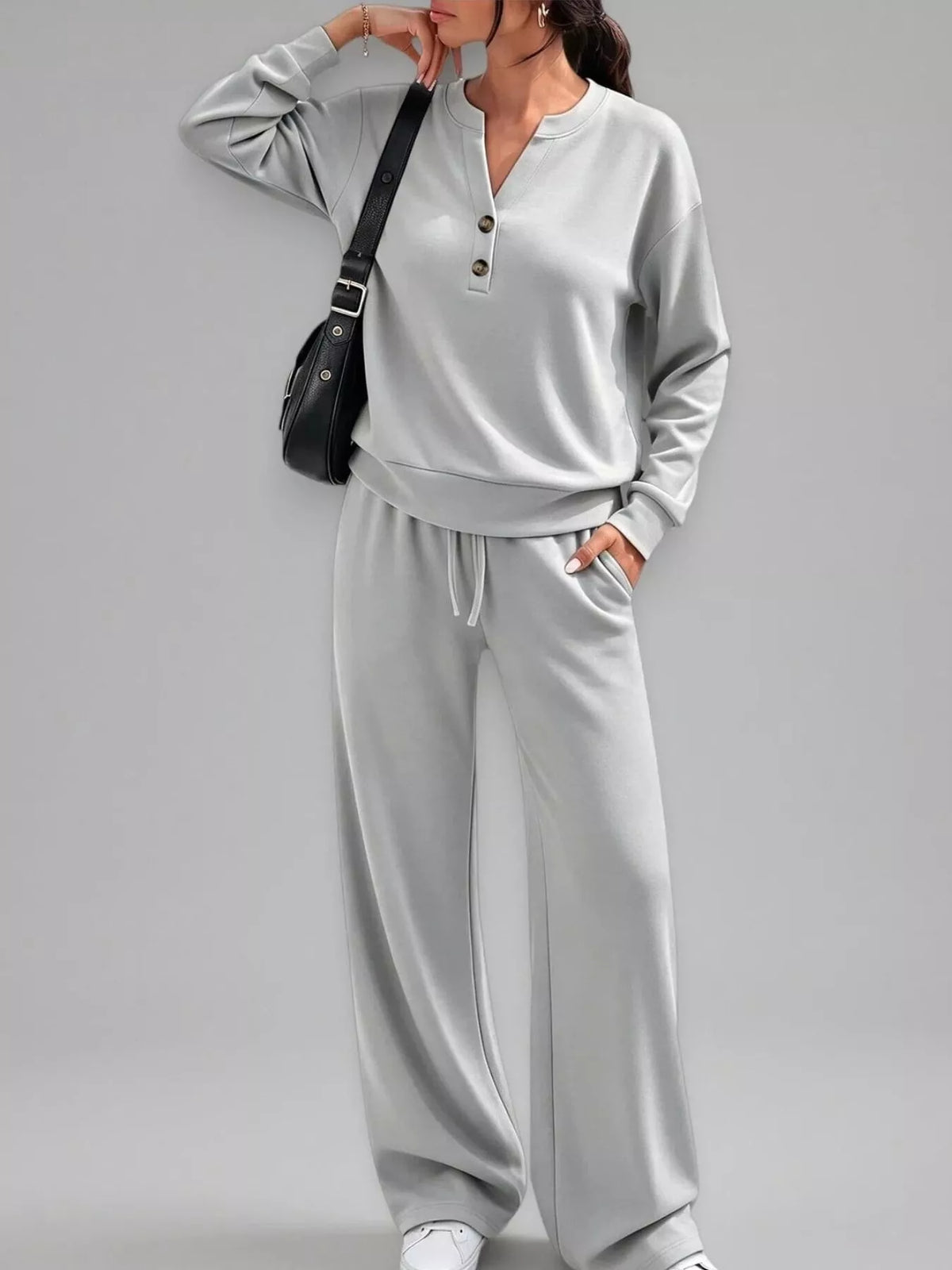 Light gray button-detail henley top and wide-leg drawstring pants set