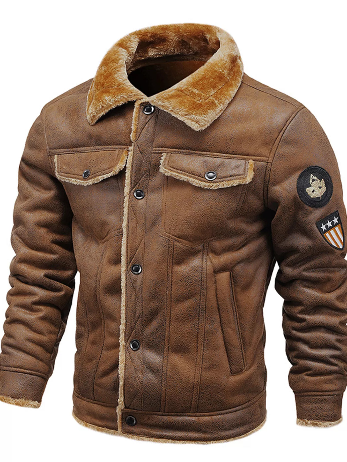 Coffee-brown snap-front jacket with sherpa-style collar, chest flap pockets, patch
