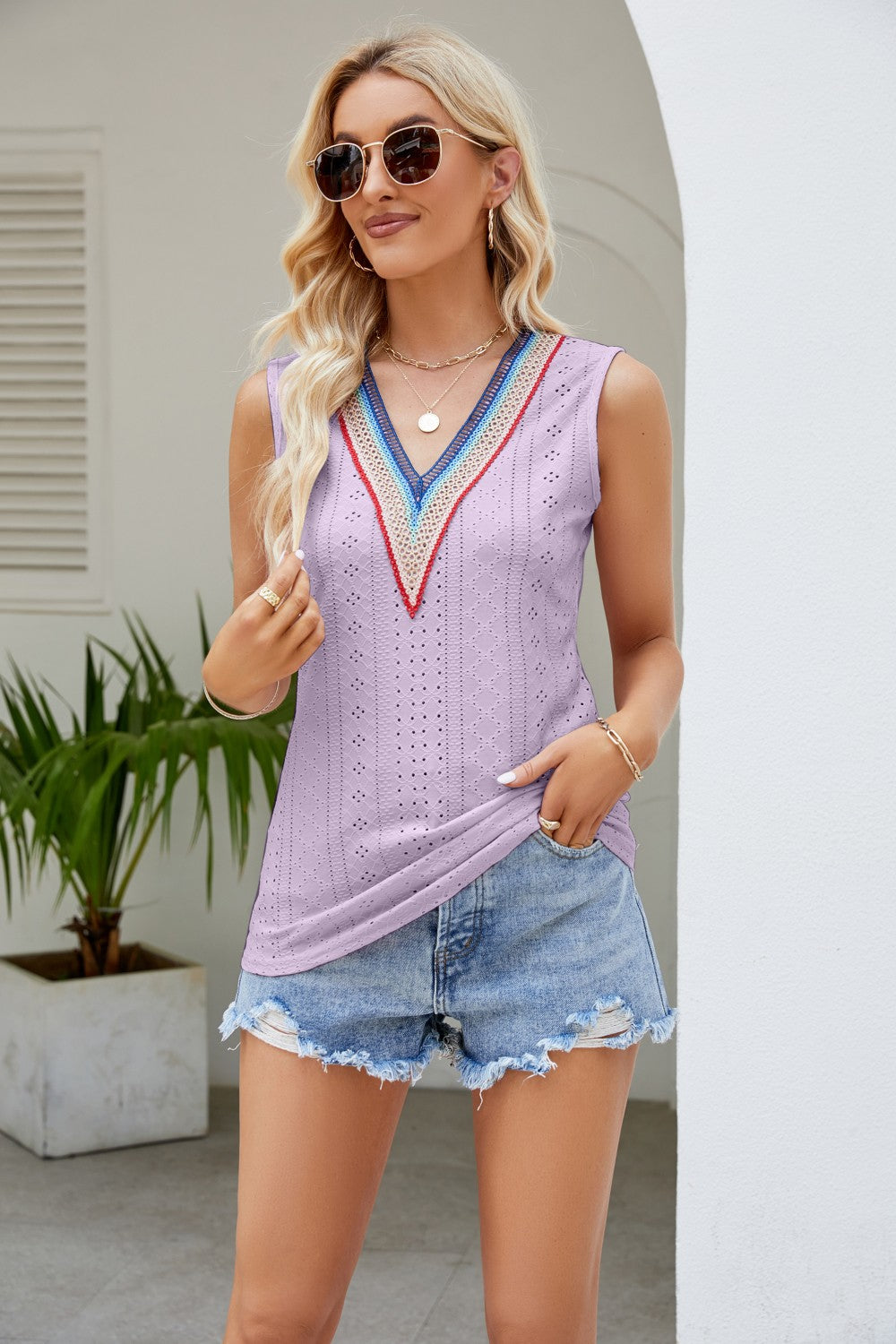 Lavender eyelet V-neck tank top with contrast trim and sleeveless cut