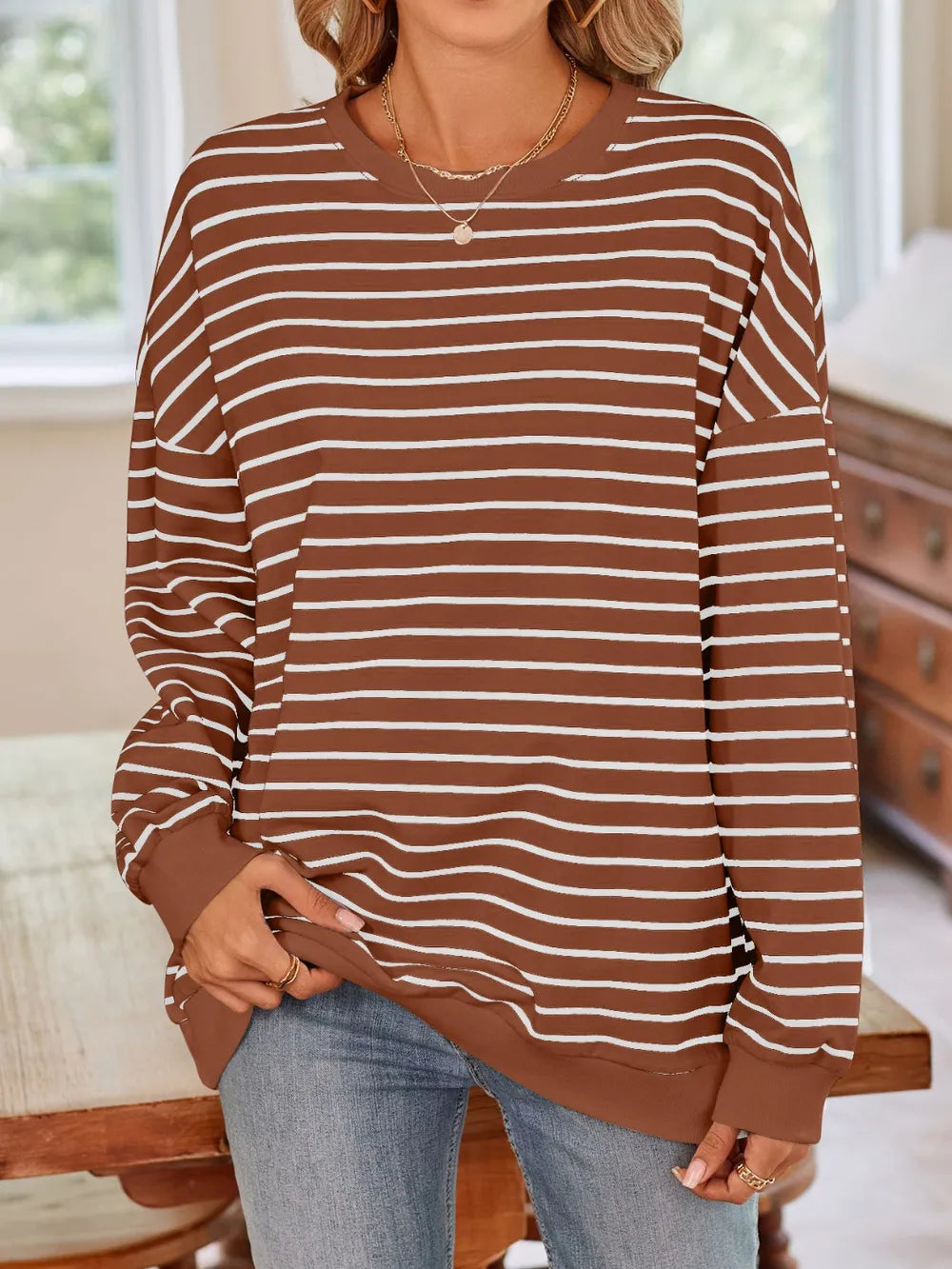 Brown striped crew-neck long-sleeve sweatshirt with white horizontal stripes