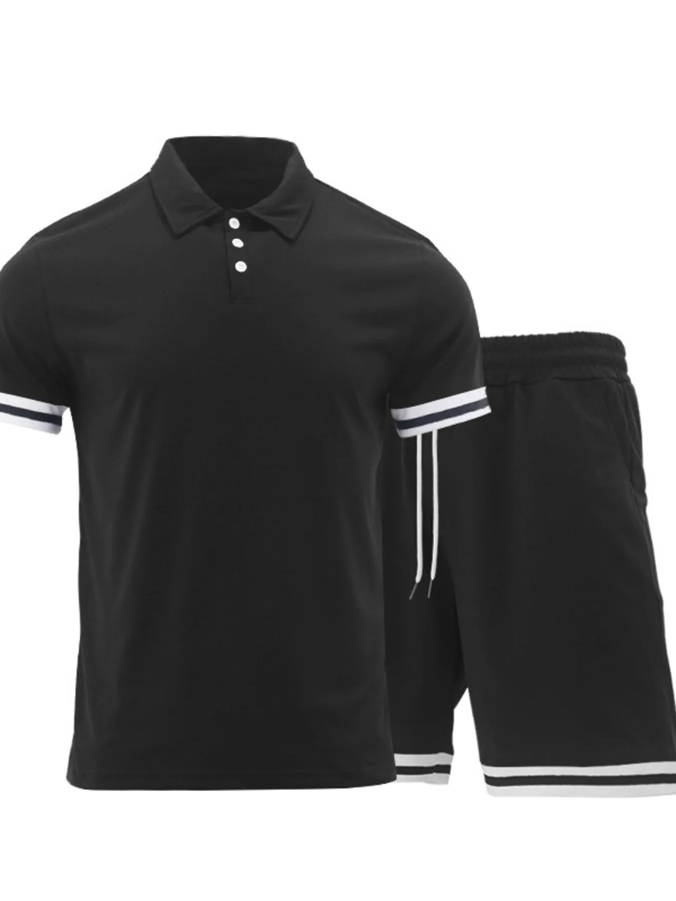 Men's black polo and shorts set with striped sleeve cuffs, button placket and drawstring.