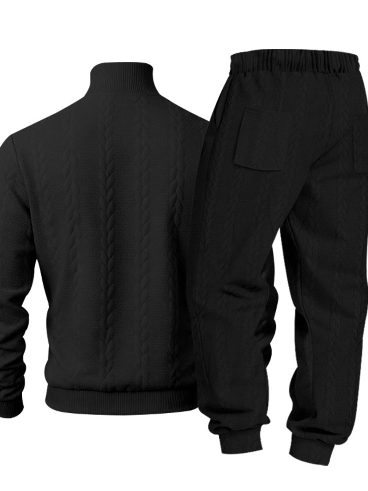 Men's black mock neck sweater and joggers set, pocket and cuff detail close-up