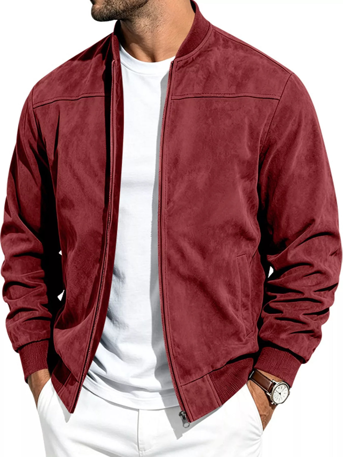 Men's zip-up jacket in burgundy suede-style with stand collar and front zipper