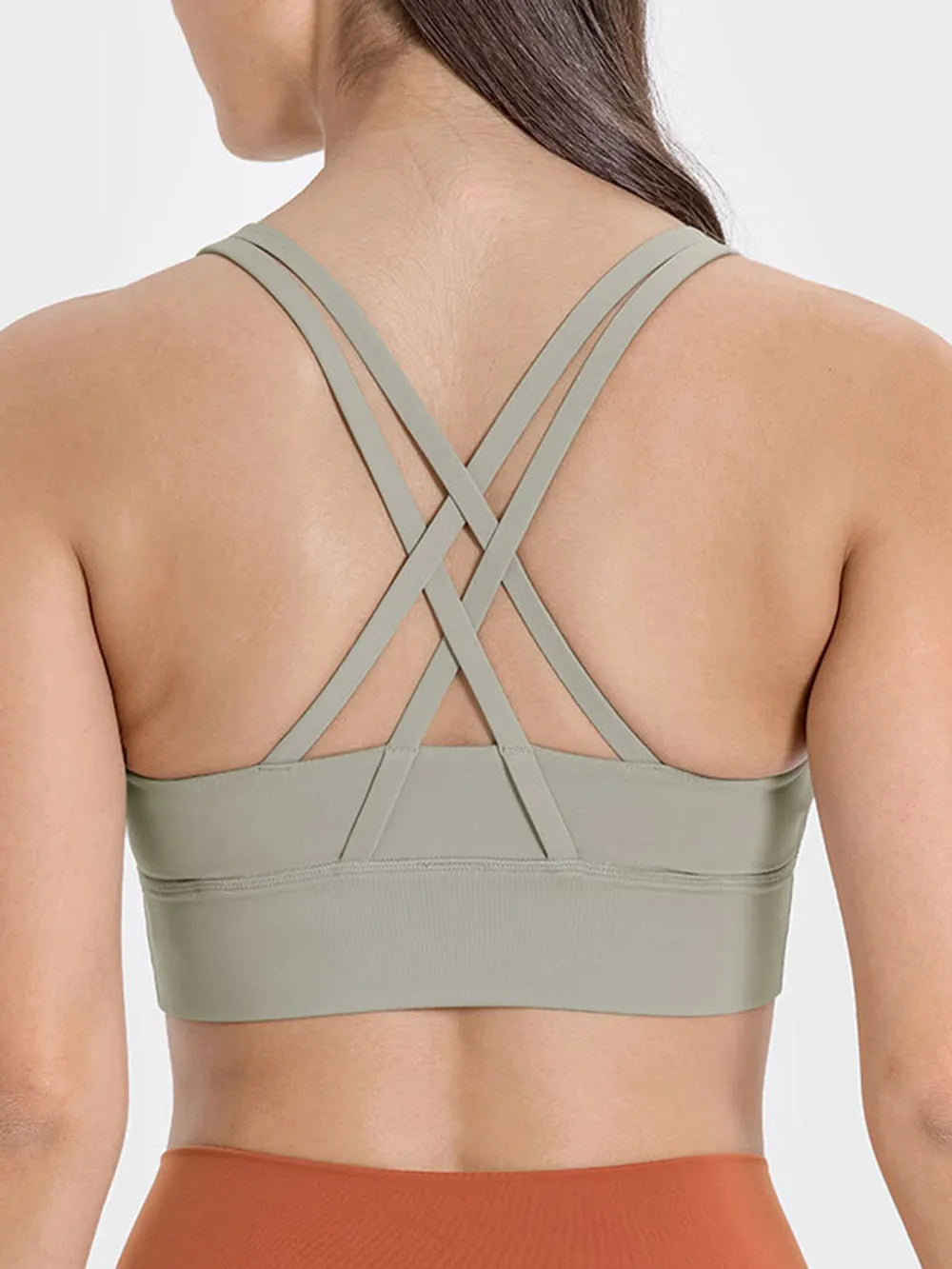Scoop neck active tank top in sage green with crisscross open back straps