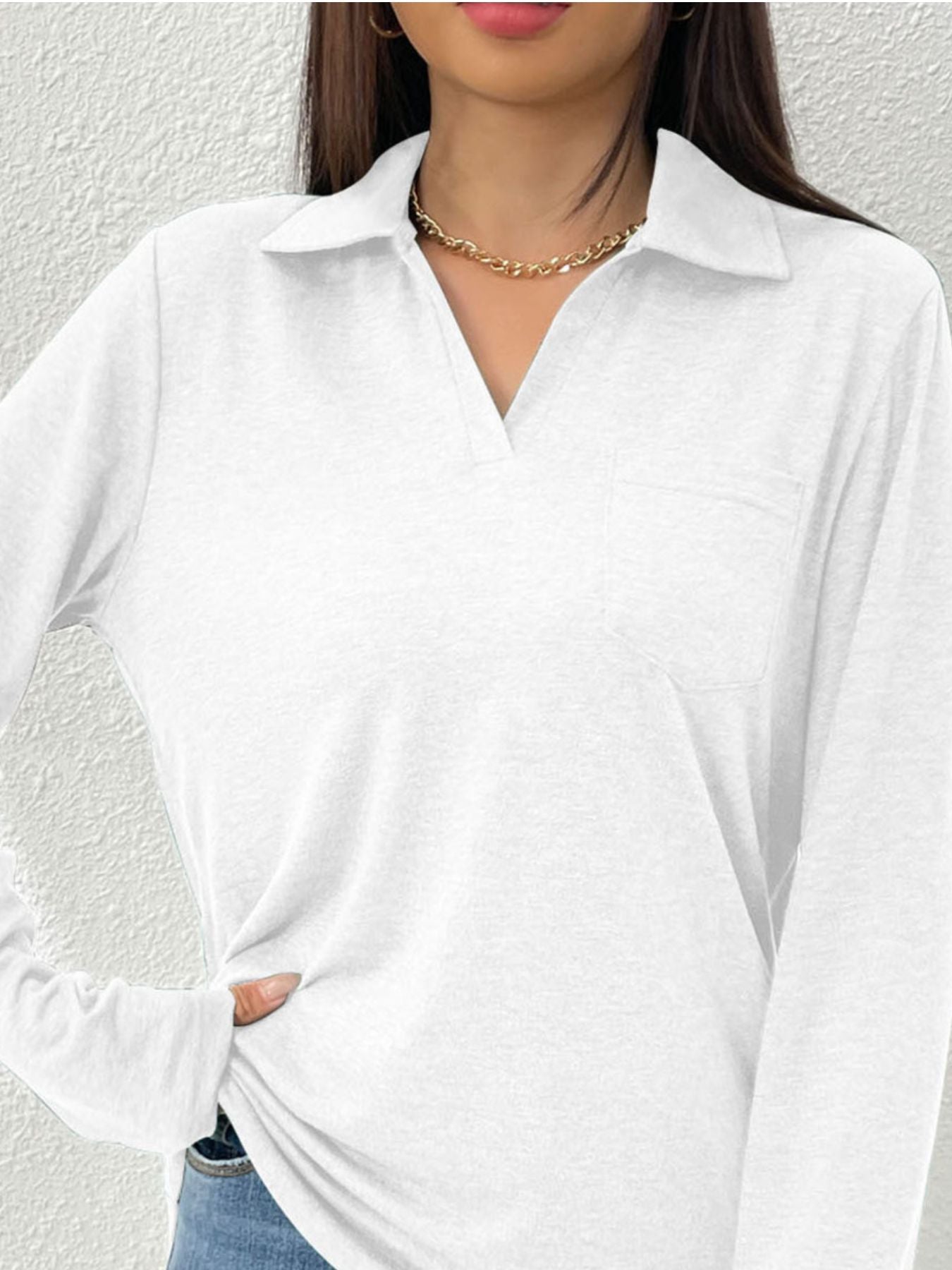 Cedar & Moore Collared Neck Long Sleeve T-Shirt, white, pocketed