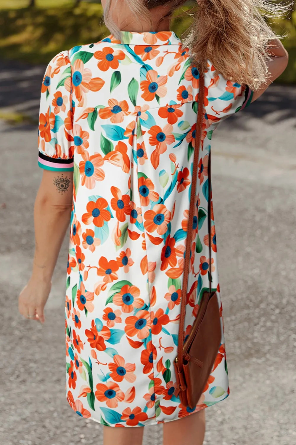 Contrast Trim Floral Split-Neck Puff Short Sleeve Tiered Mini Dress in white with orange-blue flowers