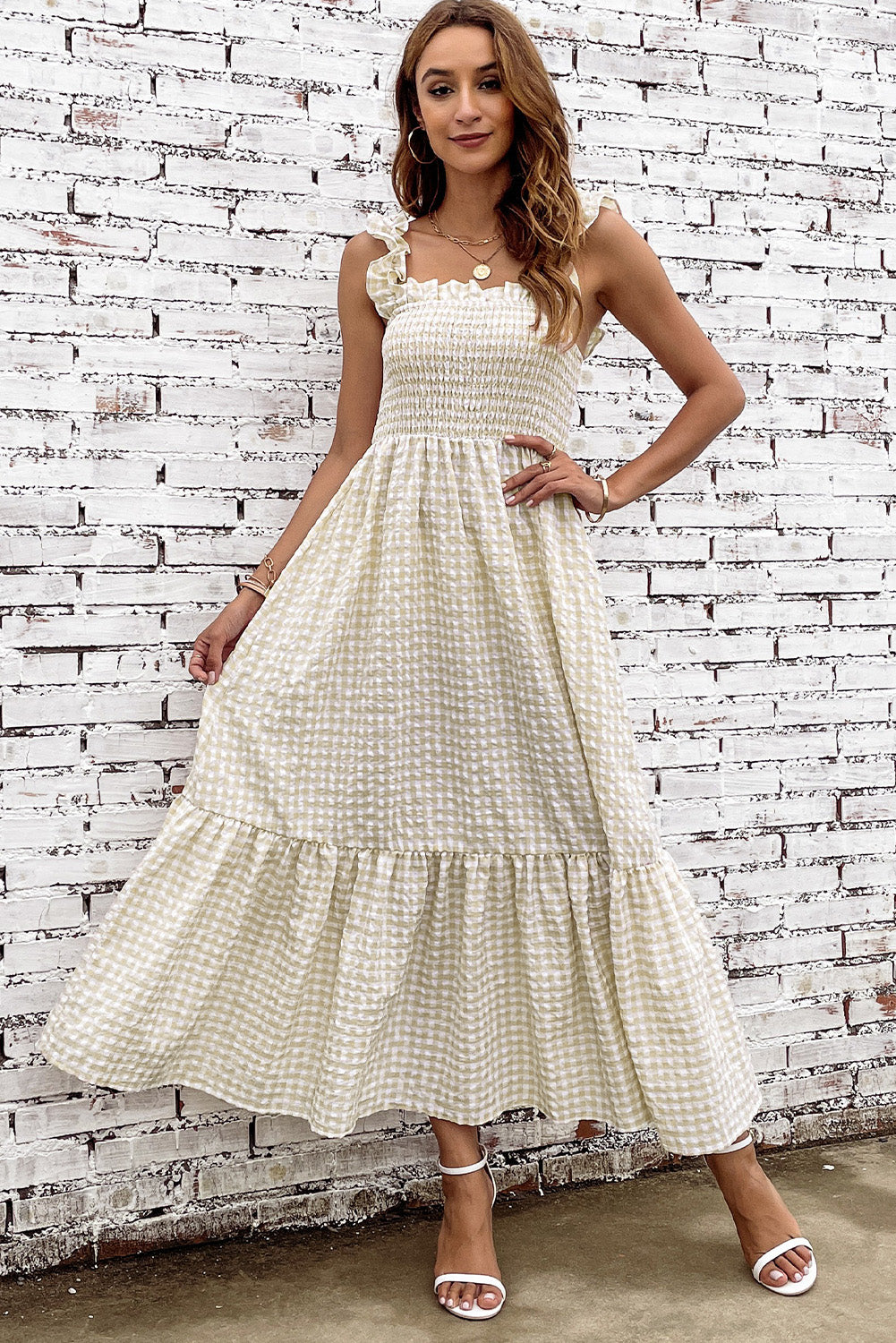 Square-neck ruffle-strap plaid dress in cream, tiered skirt and sleeveless bodice