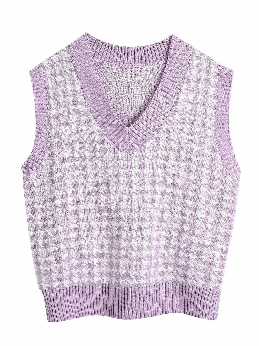 Lavender houndstooth knit sweater vest with V-neck and ribbed trim
