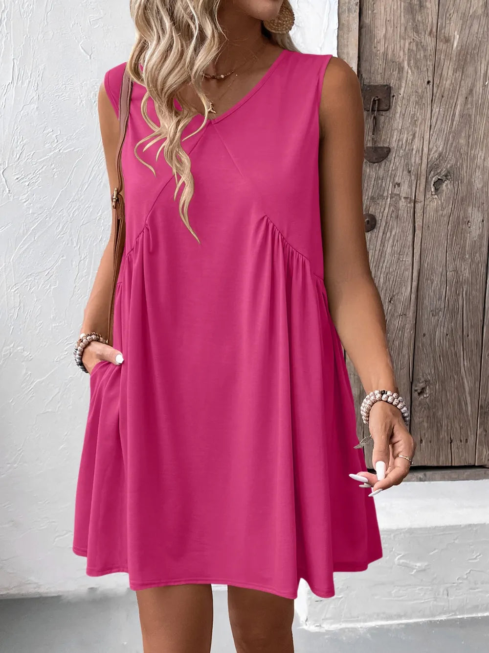 Ivy Lane Ruched V-Neck Sleeveless Mini Dress in pink by Trendsi