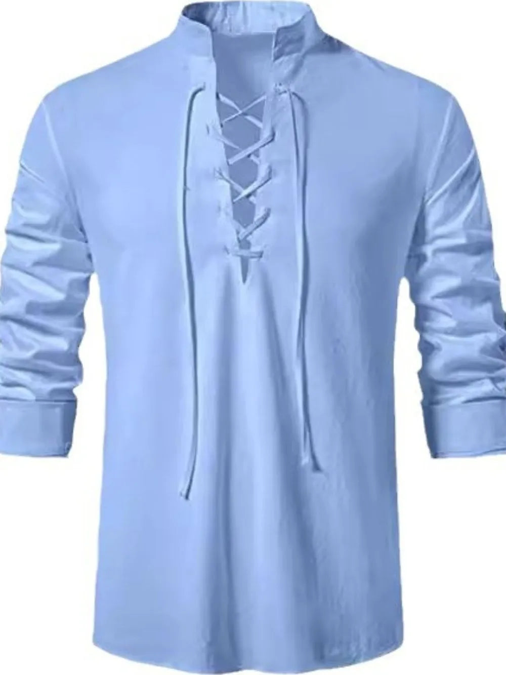 Men's lace-up long sleeve blouse in light blue, stand collar with front eyelet lacing