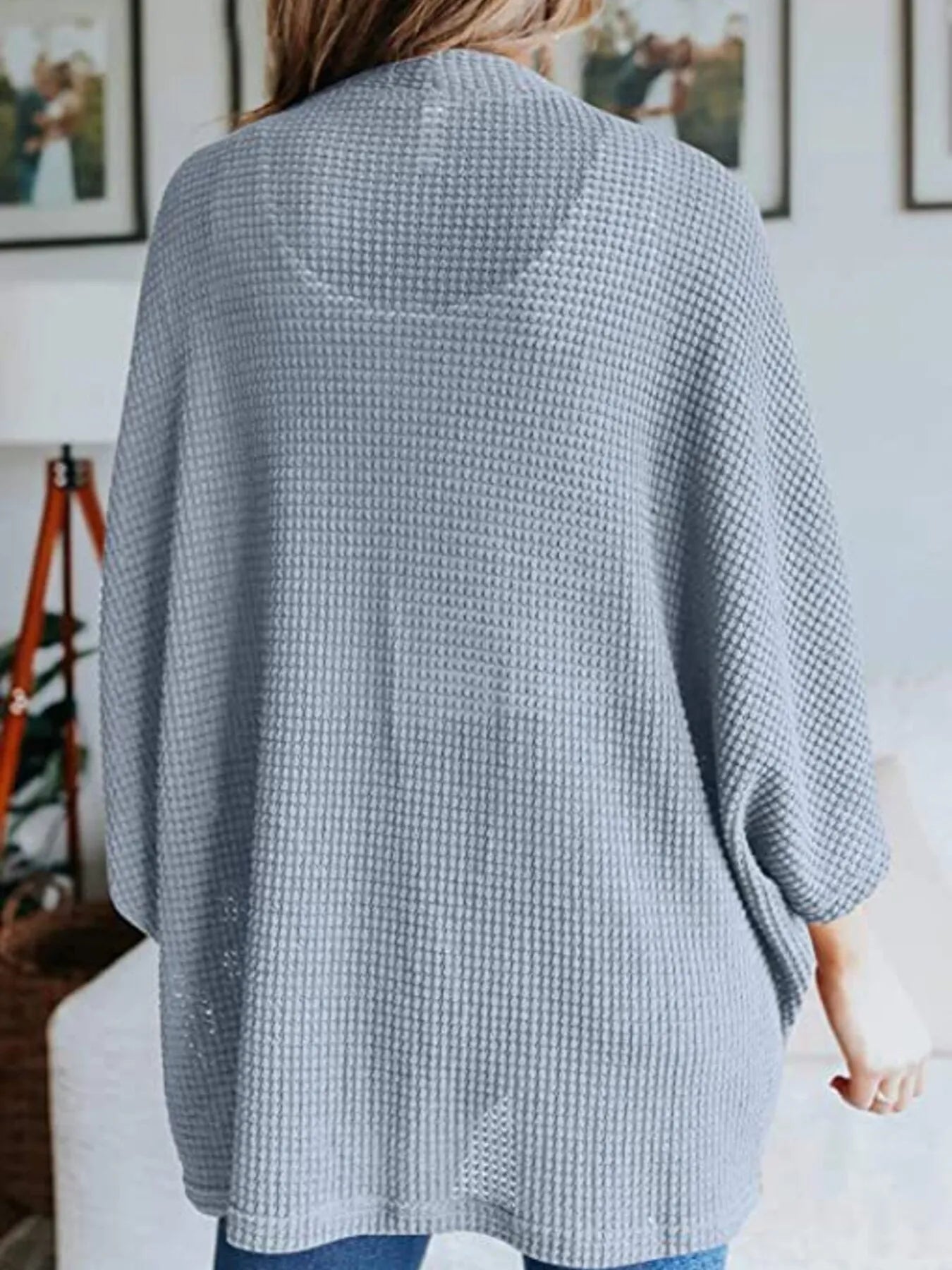 Waffle knit open-front cardigan with batwing sleeves, dark light-blue grey back view