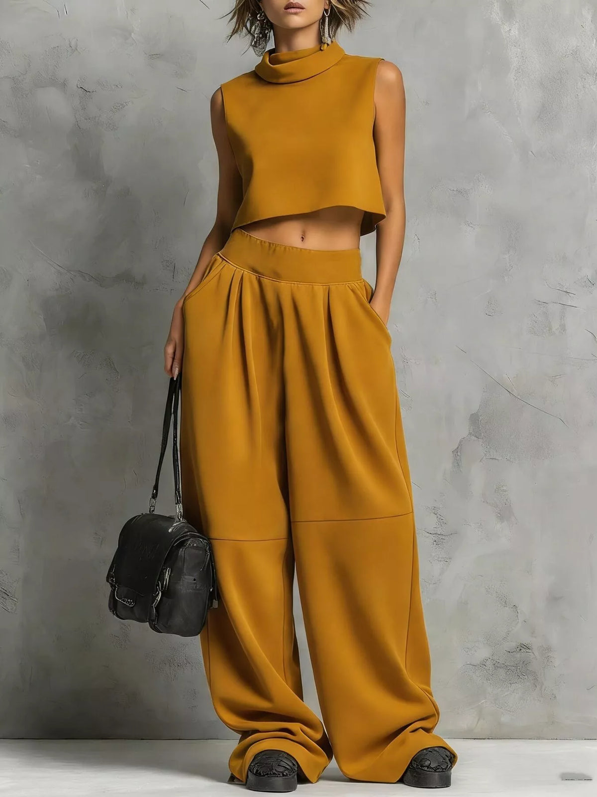 Sleeveless mock crop top and sweatpants set, mustard high-neck crop top with pleated wide legs