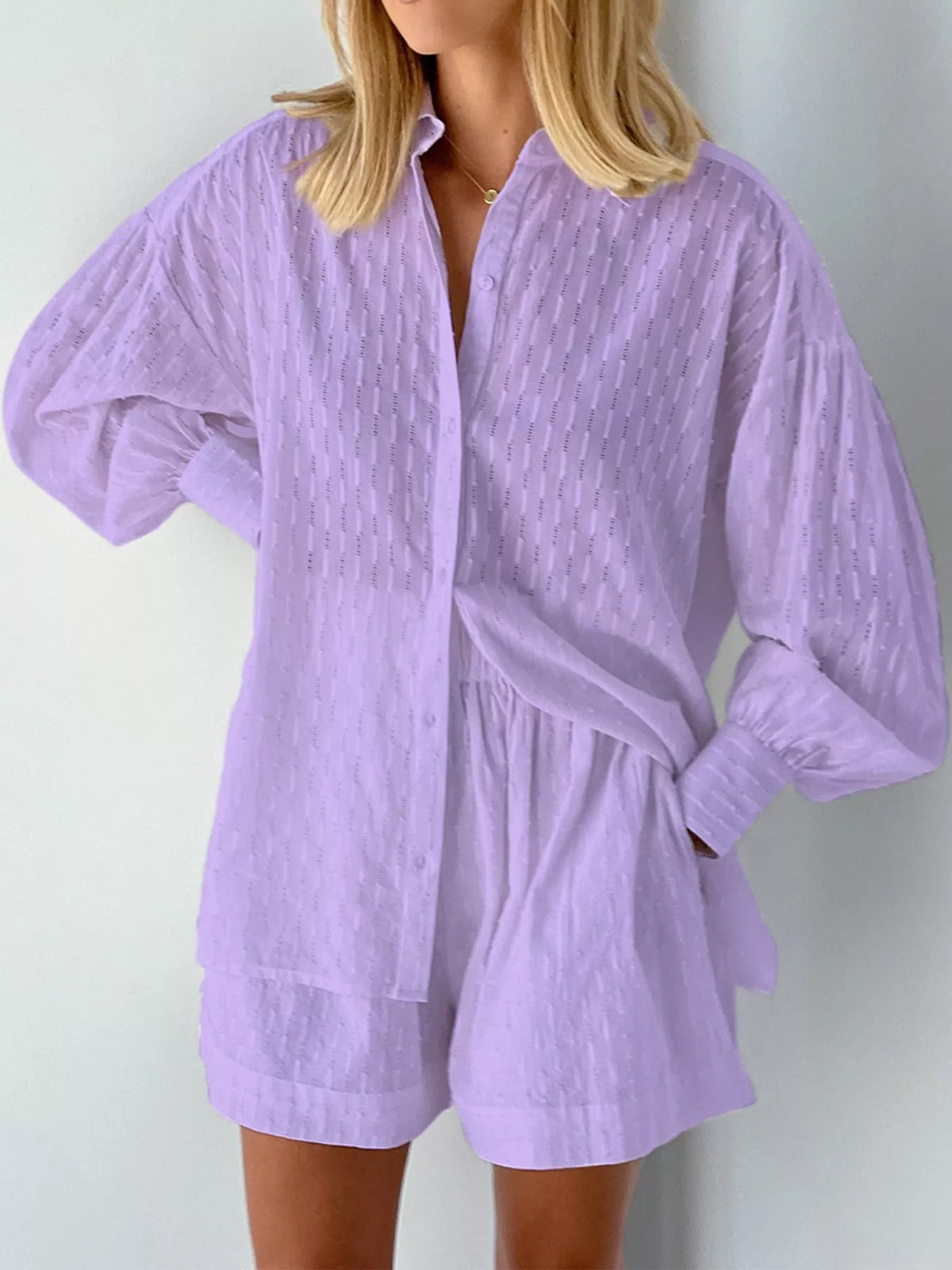 Lavender textured button-down shirt and matching shorts set, long puff sleeves and elastic waist