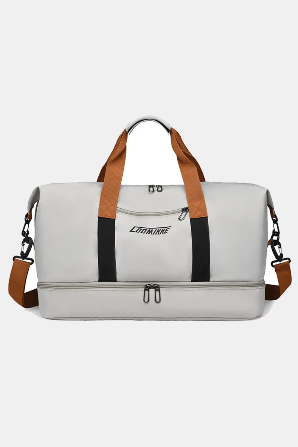 Light gray large duffel bag with brown top handles, side straps, and front zip