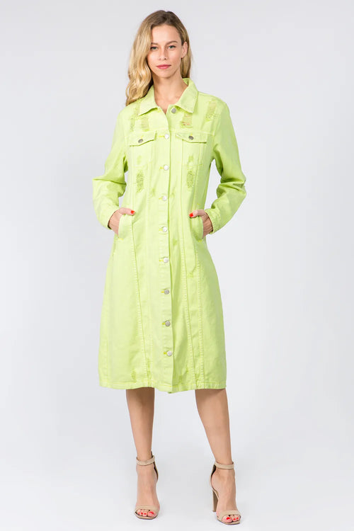 Lime button-up denim dress with collared neckline, chest pockets, and long sleeves