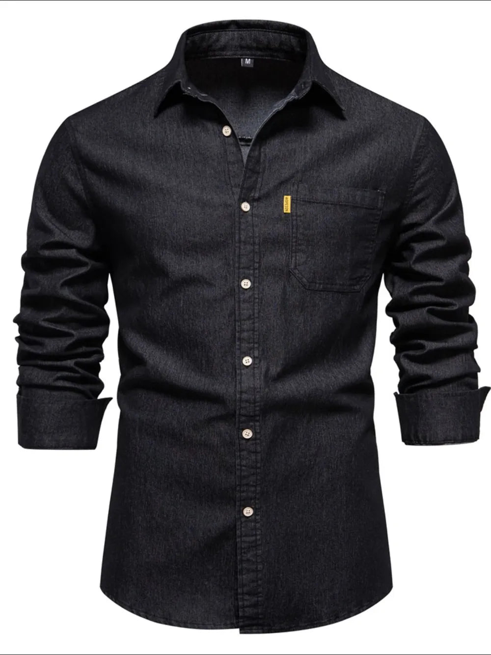 Men's black denim button-up shirt with chest pocket and long sleeves