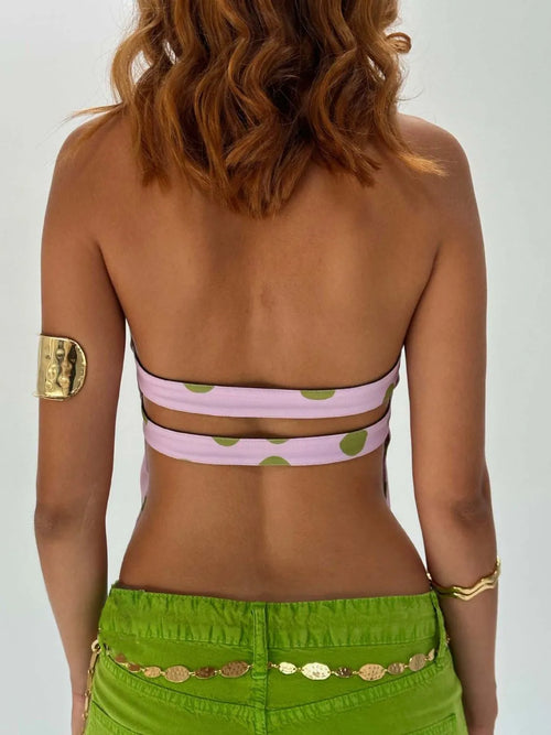 Backless printed halter tank with open back; lavender pink with green dot print