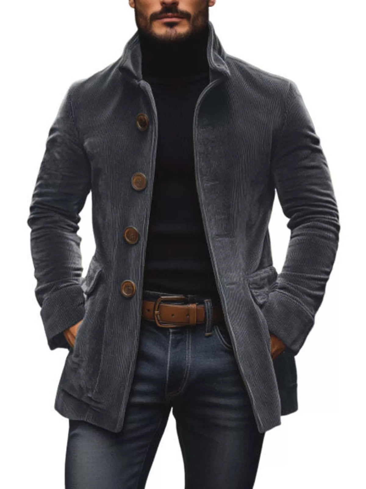 Dark gray stand-collar single-breasted coat with button front and long sleeves