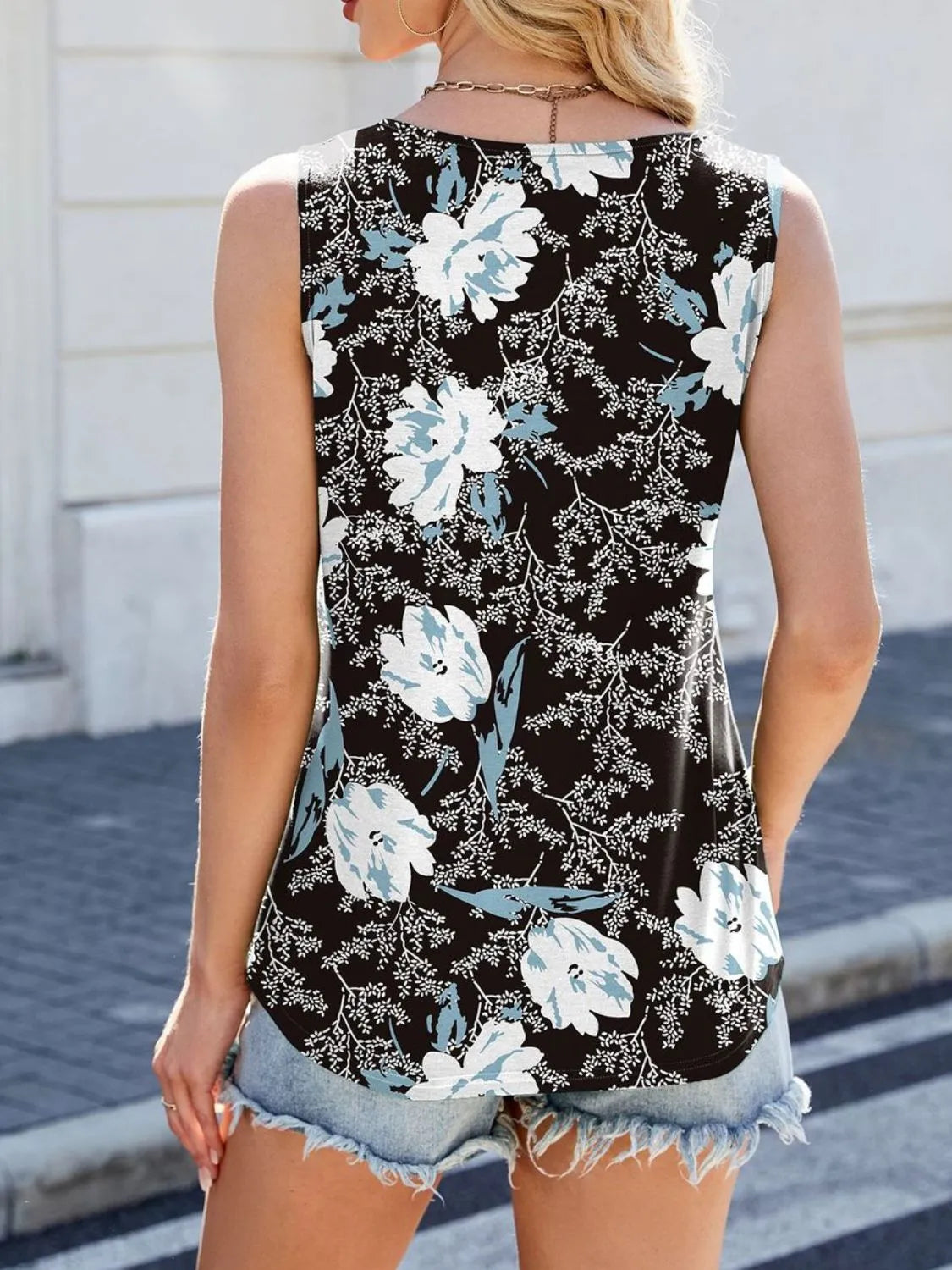 Printed scoop neck wide strap tank, black with blue floral print, back view