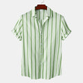 Men's striped short-sleeve shirt in green with button front and spread collar
