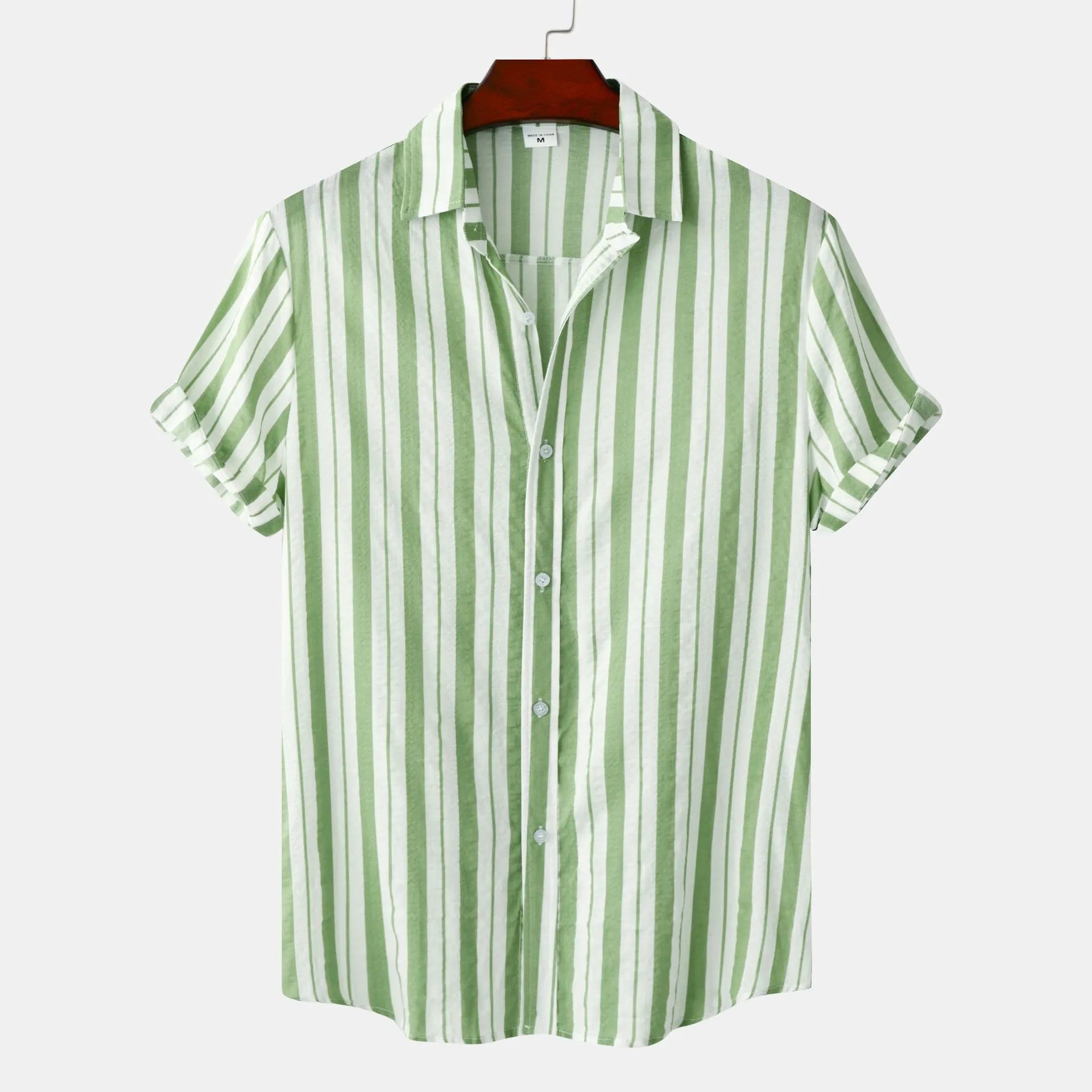 Men's striped short-sleeve shirt in green with button front and spread collar