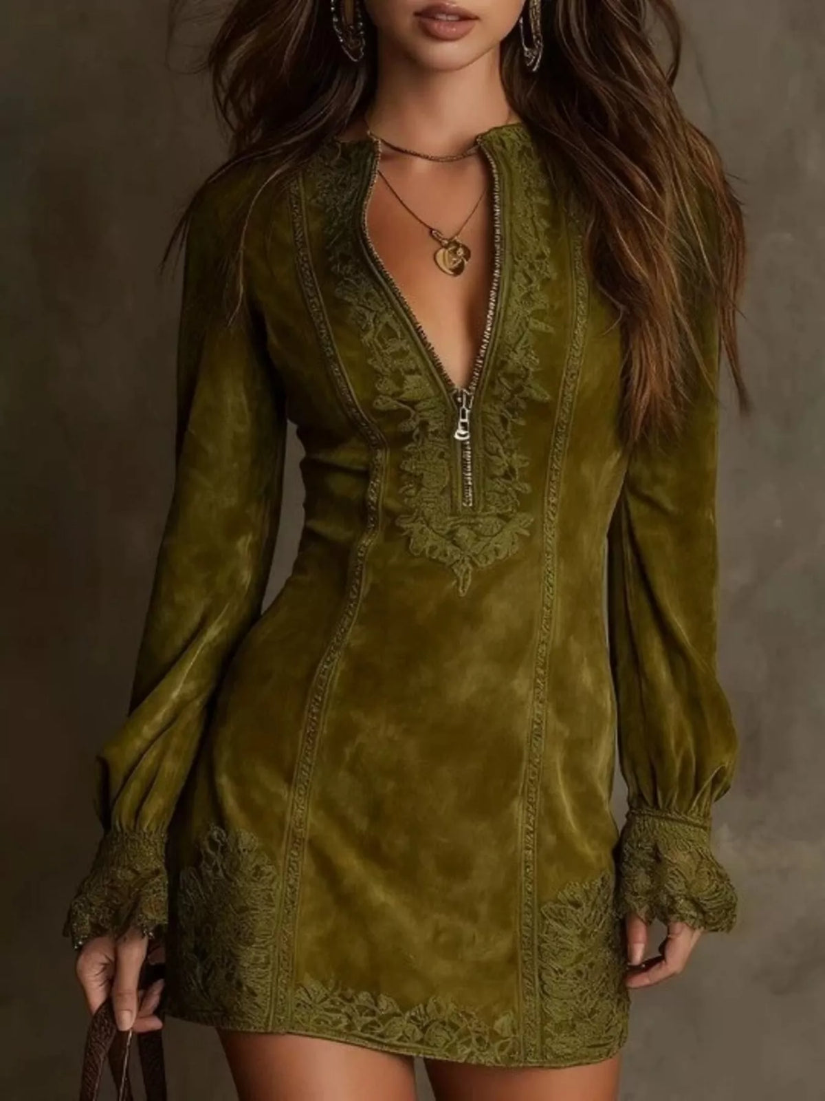 Women’s olive green zip-front lace mini dress with long puff sleeves and lace cuffs