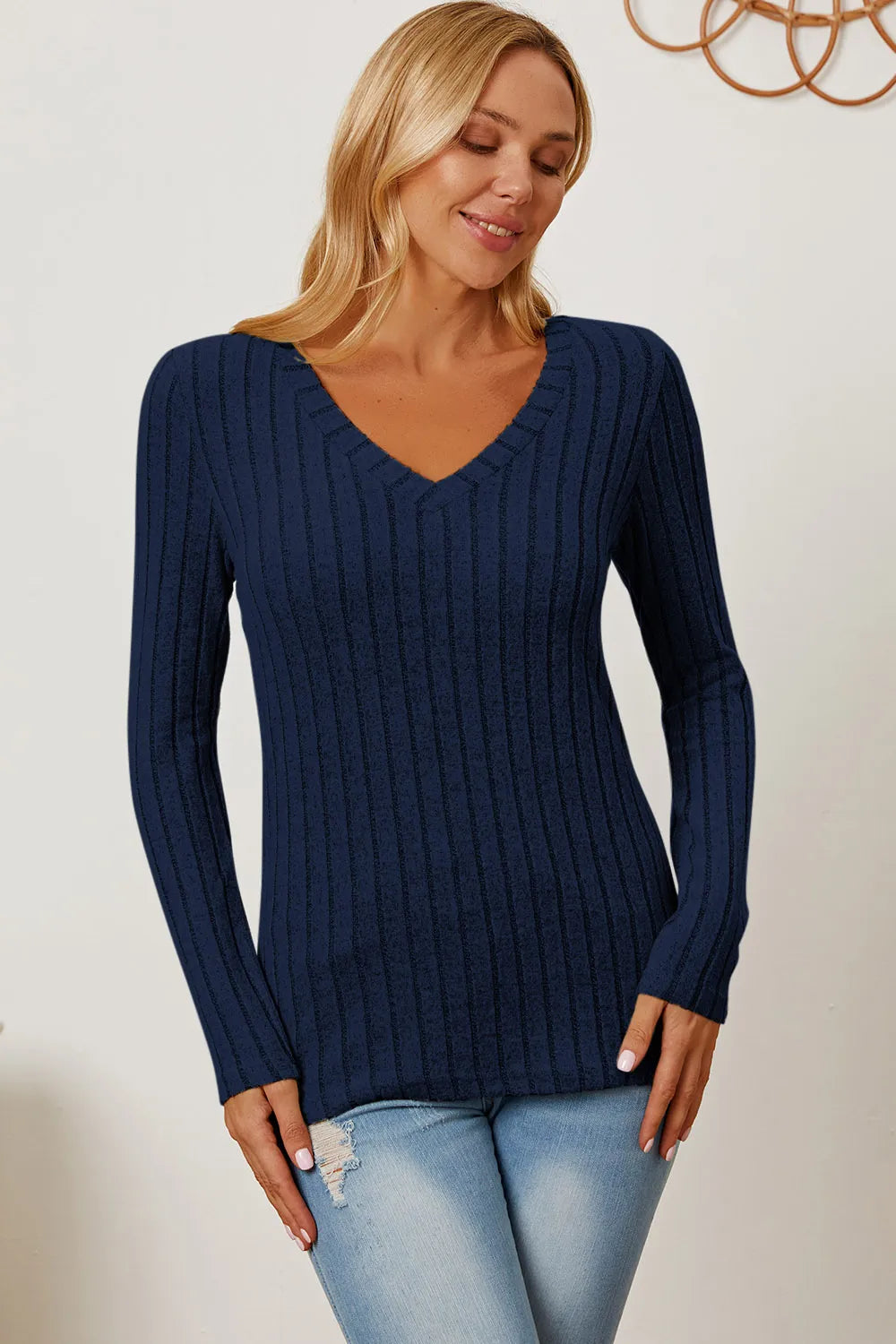 Cedar & Moore Basic Bae ribbed navy V-neck long sleeve knit top