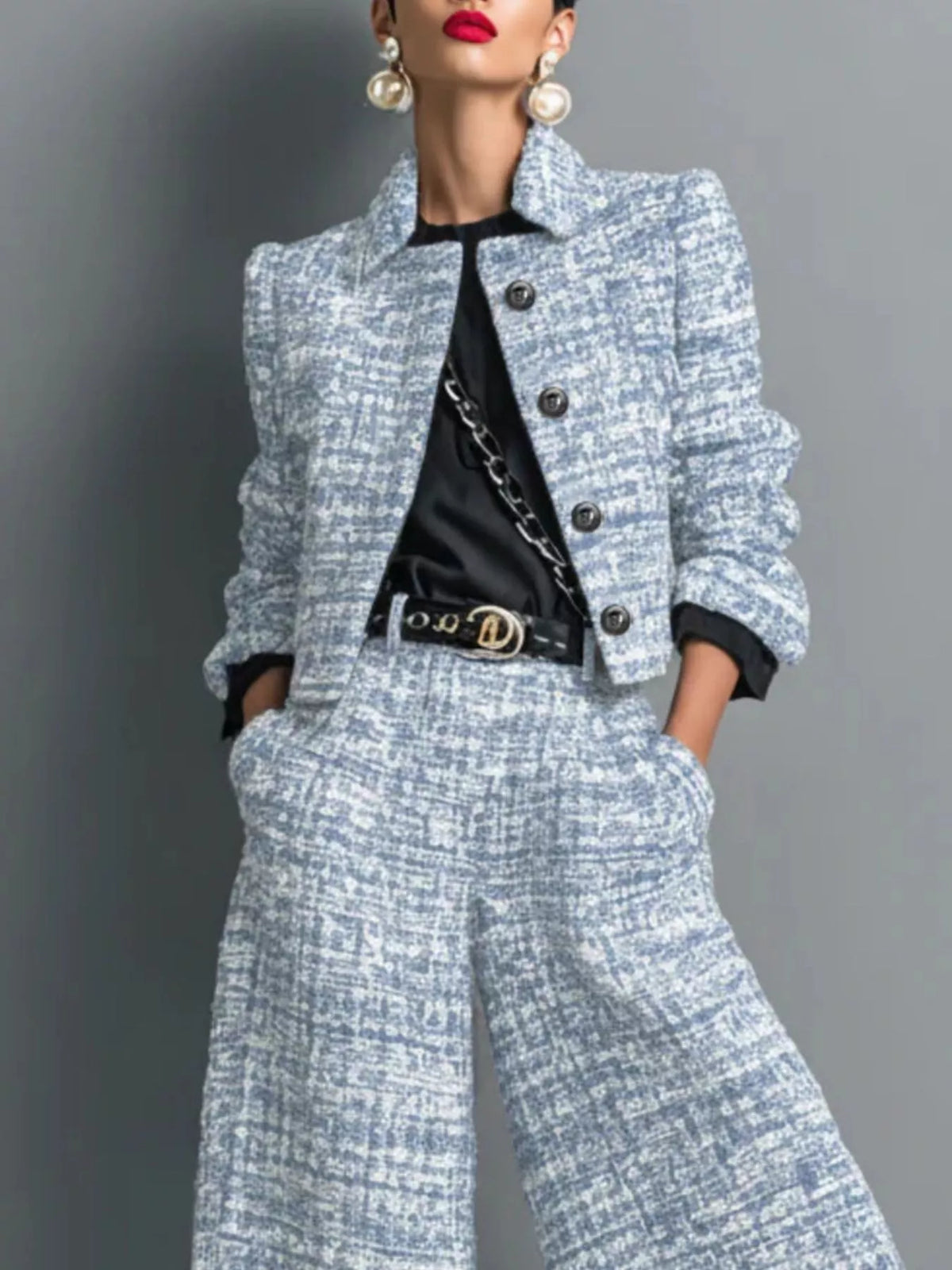 Light blue tweed cropped blazer and wide-leg pants set, close-up front