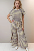Striped short-sleeve top and wide-leg pants set, light gray with dark and pale stripes