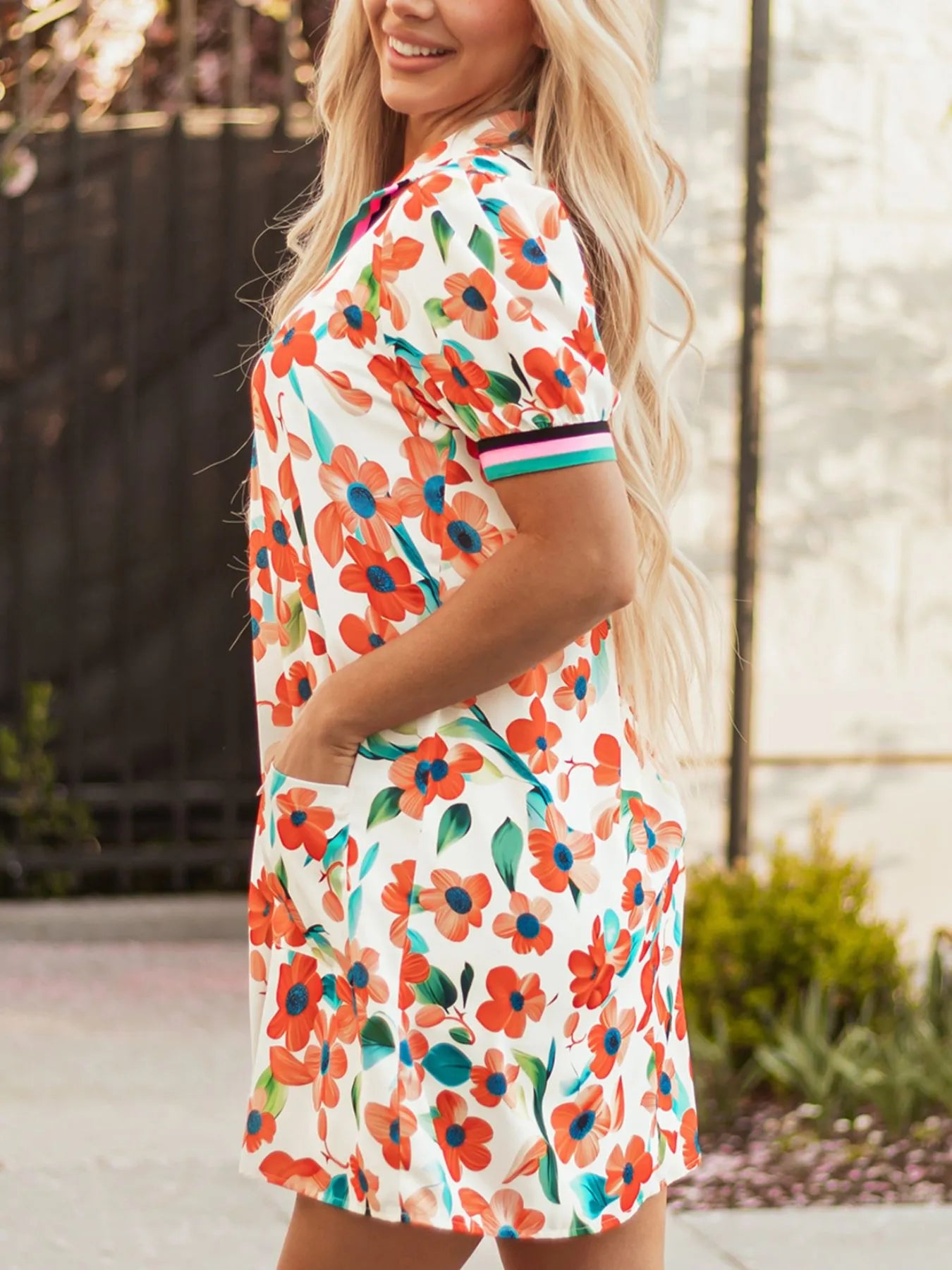 Contrast Trim Floral Puff Short Sleeve Tiered Mini Dress; white with orange flowers and teal leaves, pink/green cuffs