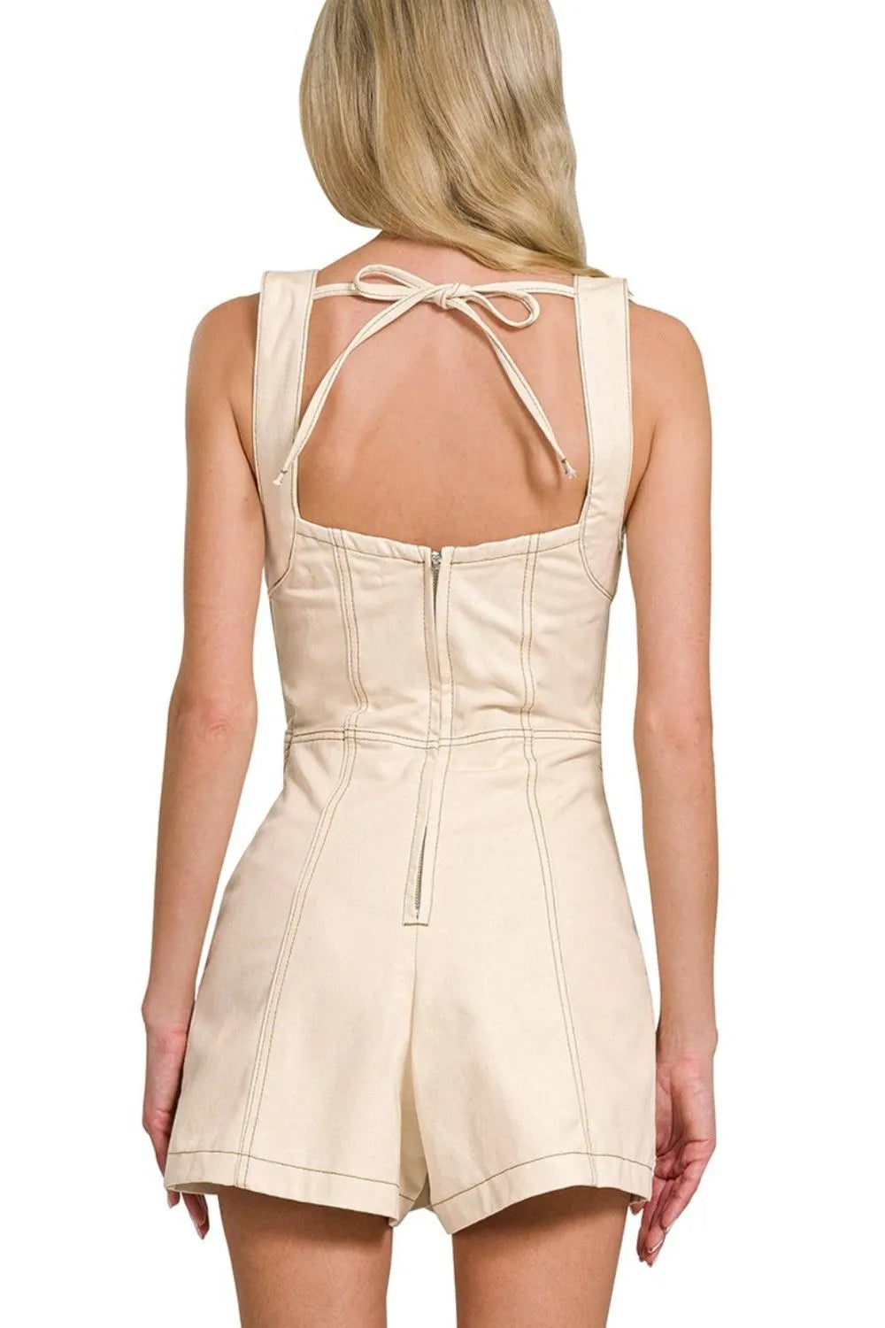 Oatmeal tie-back romper, crisscross back tie and square back