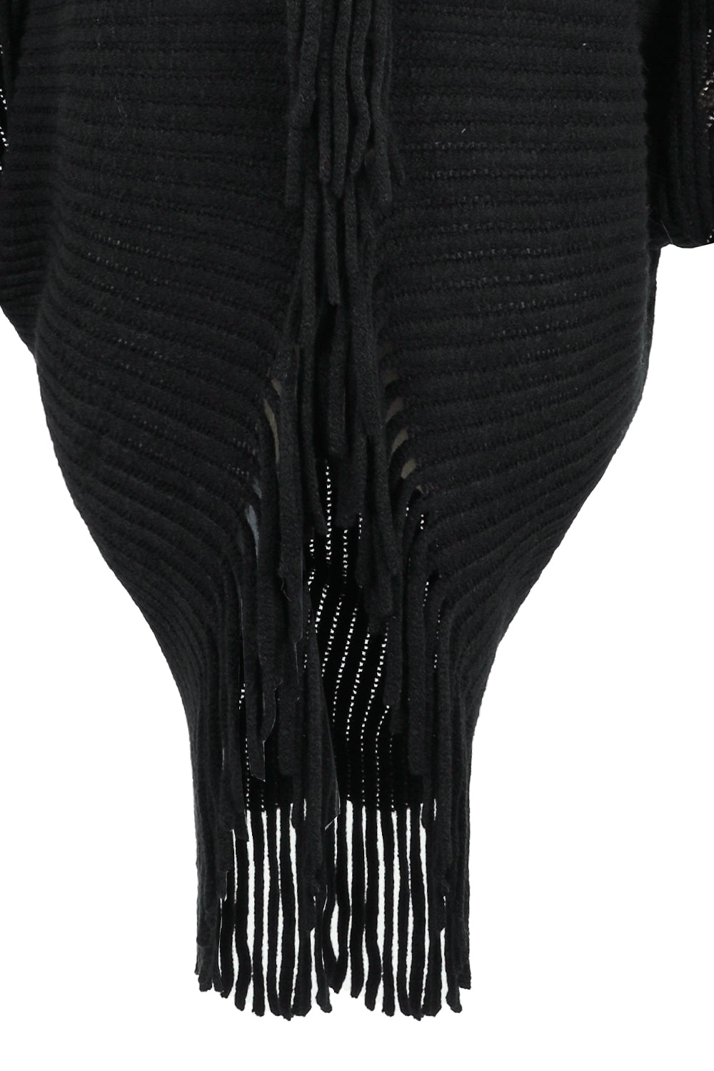 Black ribbed poncho detail with vertical fringe and stitched front seam