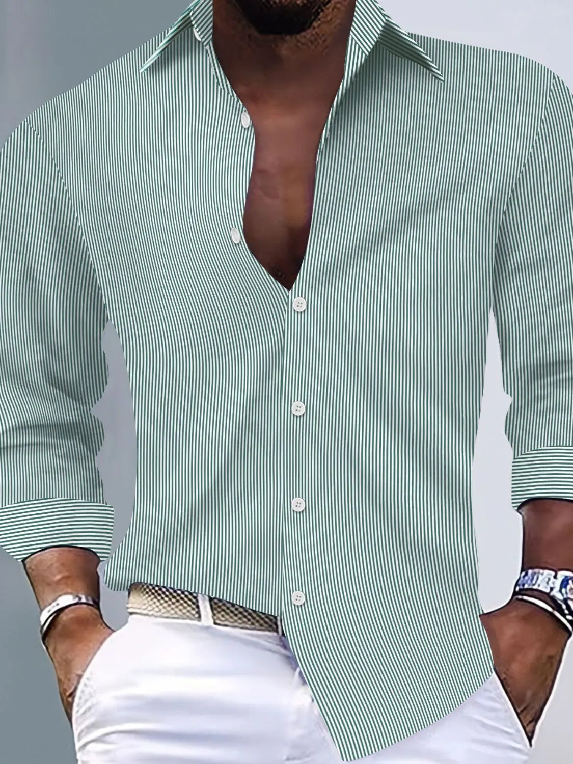 Men's striped button-up long sleeve shirt, green with white pinstripes